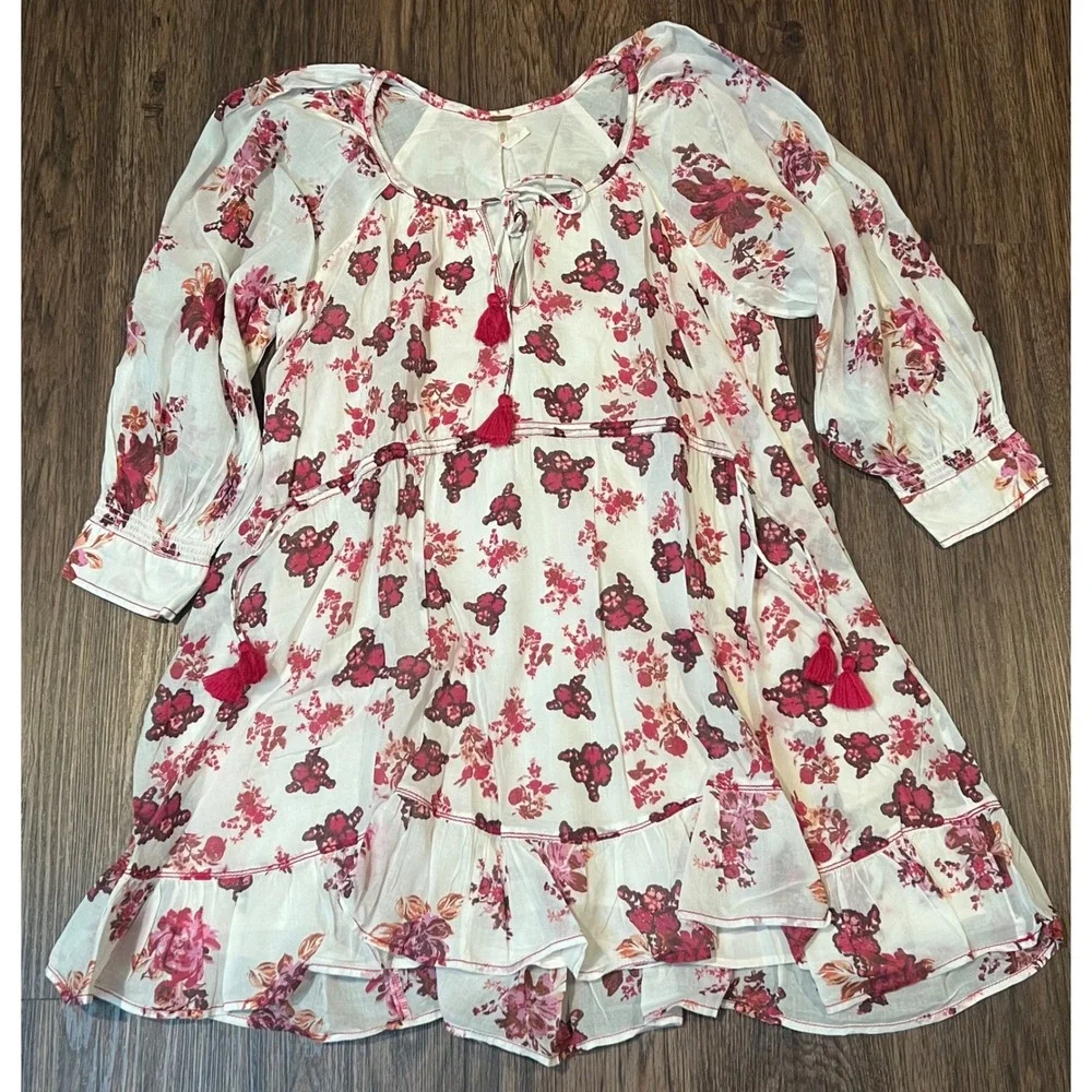 Free People Floral Tassel Mini Dress Pink Red Cotton Gauze XS